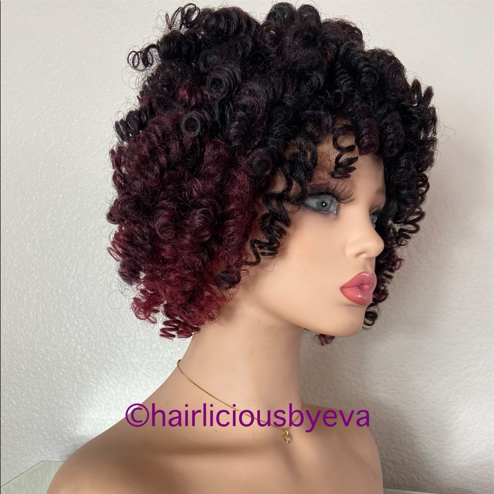 Short Curly afro wig red  burgundy black ombré - Picture 5 of 9